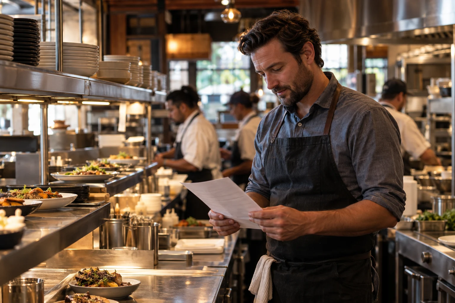 A restaurant owner reviewing orders while his kitchen team prepares service